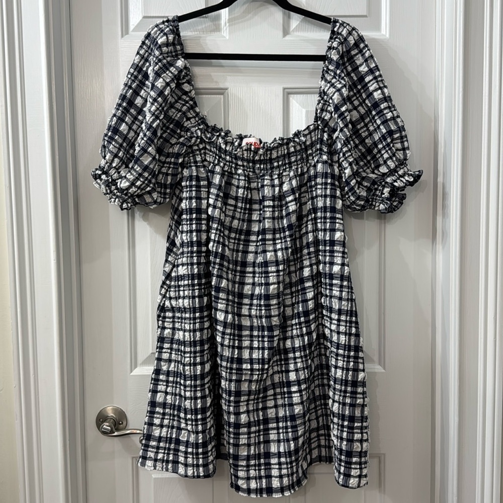 SOLID & STRIPED Black and White Plaid Puff-Sleeve Dress